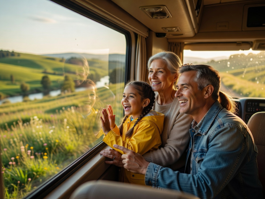 Family looking out of a large vehicle